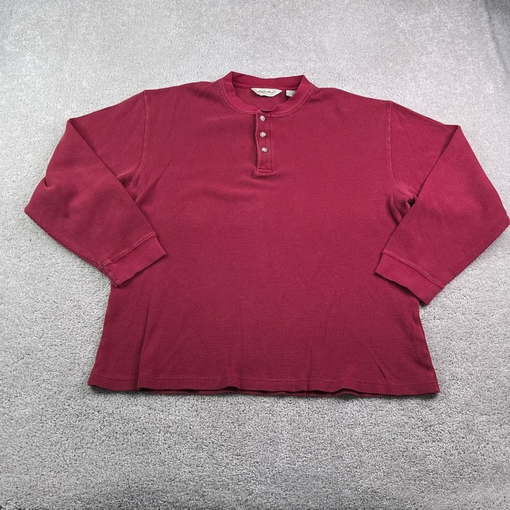 Vintage Eddie Bauer Shirt Mens XL Red Thermal Waffle Knit Grid Henley‎ Outdoors